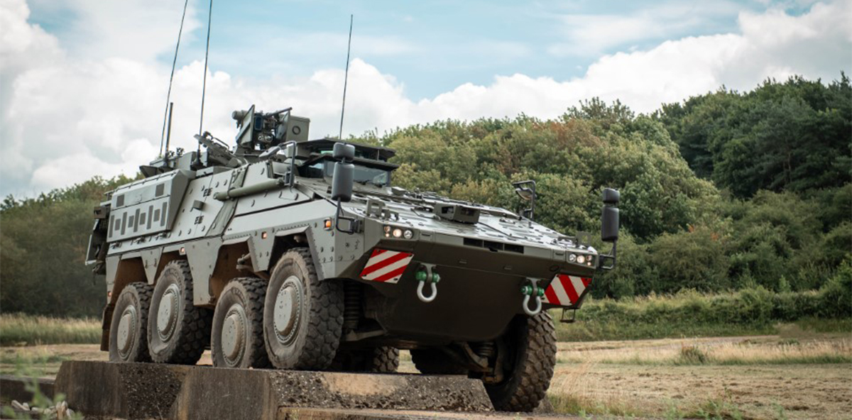 Armored military vehicle on rugged terrain. Nord-Lock wedge-locking washers ensure safe bolted connections even in the harshest environments. 